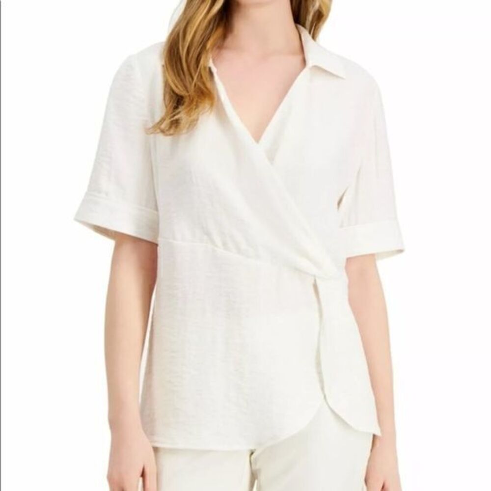 ALFANI Womens soft White Short Sleeve Collared Top XXL